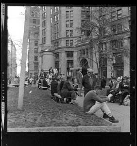 Crowds sitting near George Thorndike Angell memorial in Post Office Square