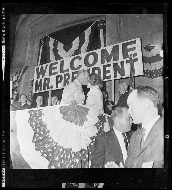 President Johnson greets Mrs. Kennedy on his arrival at Post Office Square