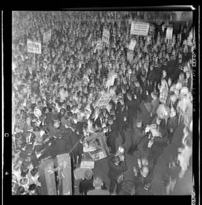 View of crowds for President Johnson's arrival in Boston