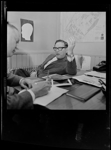 Fiction writer Dr. Isaac Asimov talks with a man