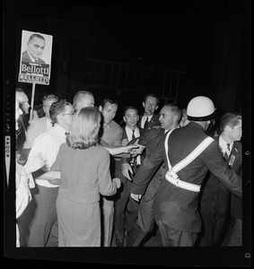 Lt. Gov. Francis X. Bellotti is mobbed by over-enthusiastic campaign workers as he arrived at his Franklin St., Boston Headquarters