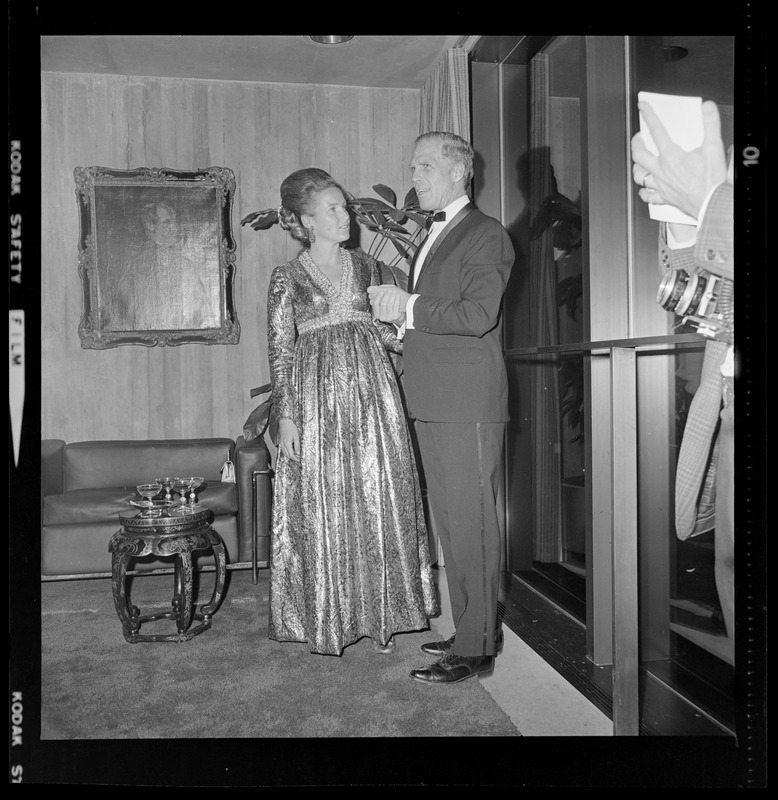 Mayor Kevin White and his wife Kathryn in conversation near the window at the opening of Boston City Hall