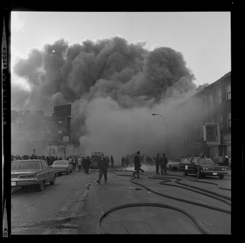 Large smoke from fire covers the entire building of Blinstrub's Village nightclub