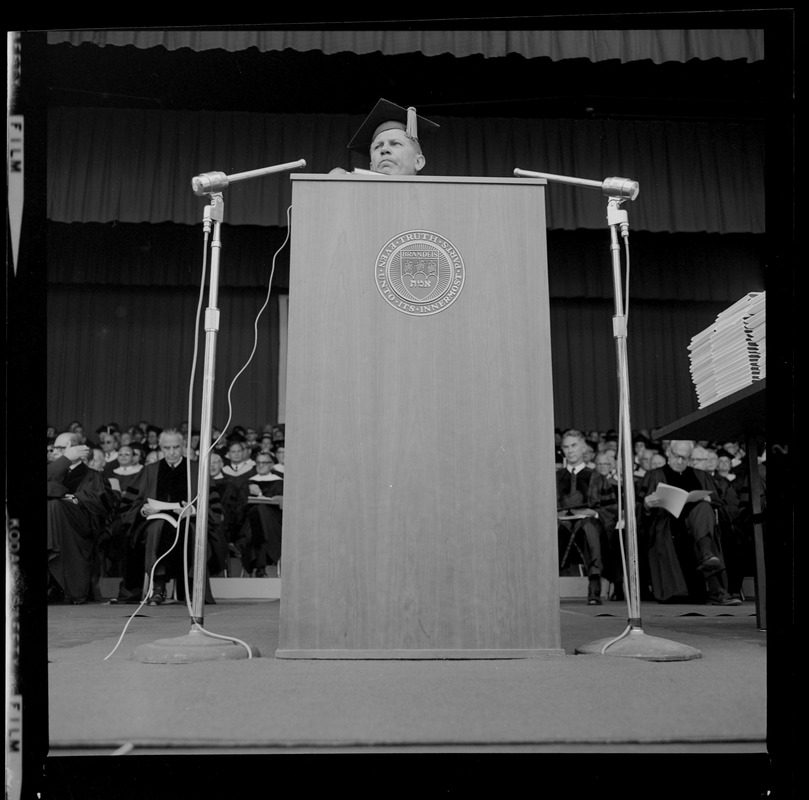 Gov. John A. Volpe speaking to the crowd at Brandeis commencement