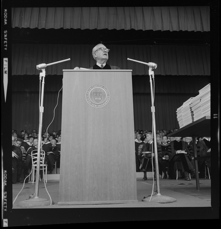 W. Averell Harriman speaking to the crowd at Brandeis commencement