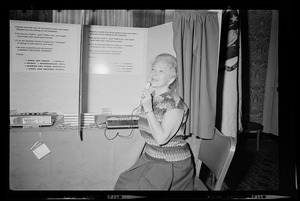 Helen Hayes, First Lady of the American Theater kicks off the USO's National Holiday Tape A Letter Program at the Statler Hilton Hotel, by making a recording to be sent to a serviceman