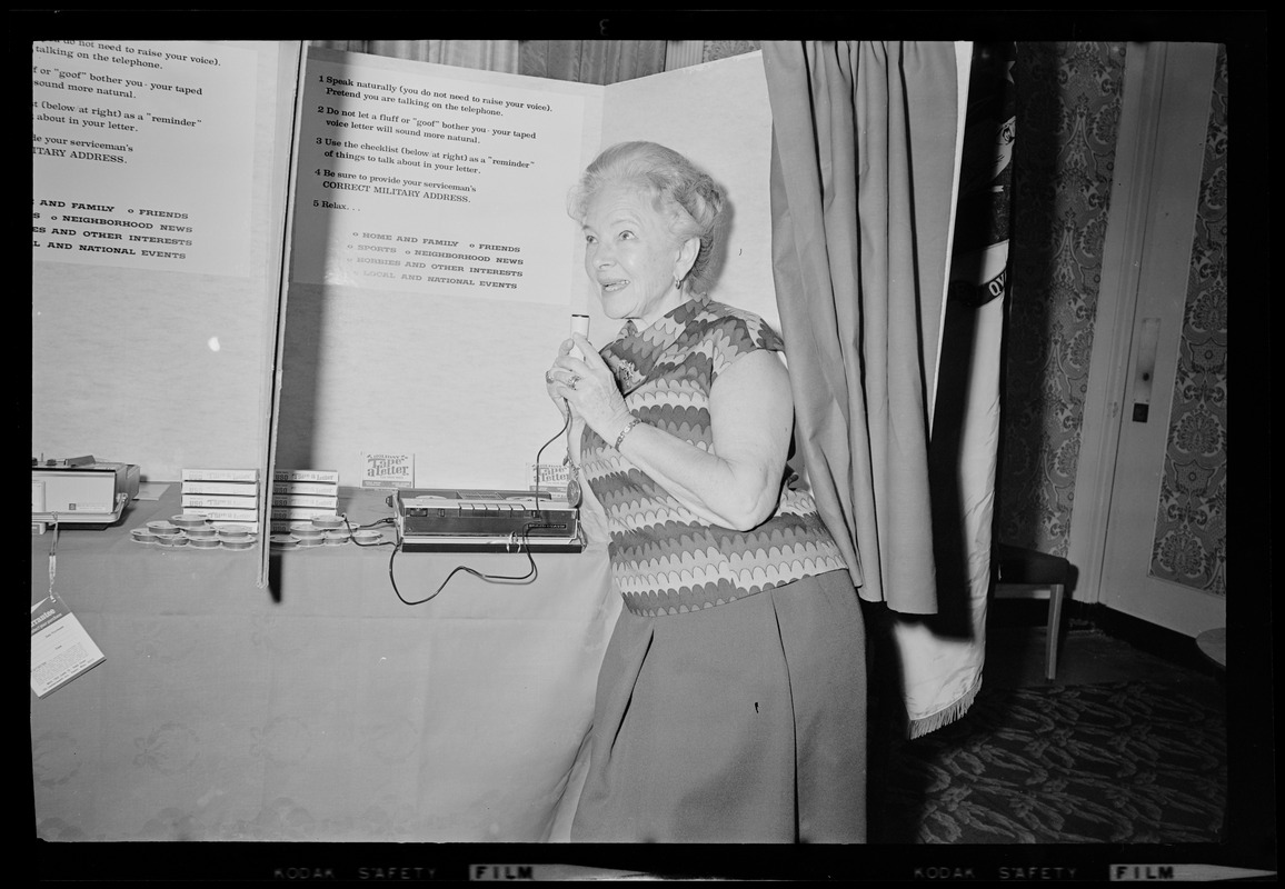 Helen Hayes, First Lady of the American Theater kicks off the USO's National Holiday Tape A Letter Program at the Statler Hilton Hotel, by making a recording to be sent to a serviceman