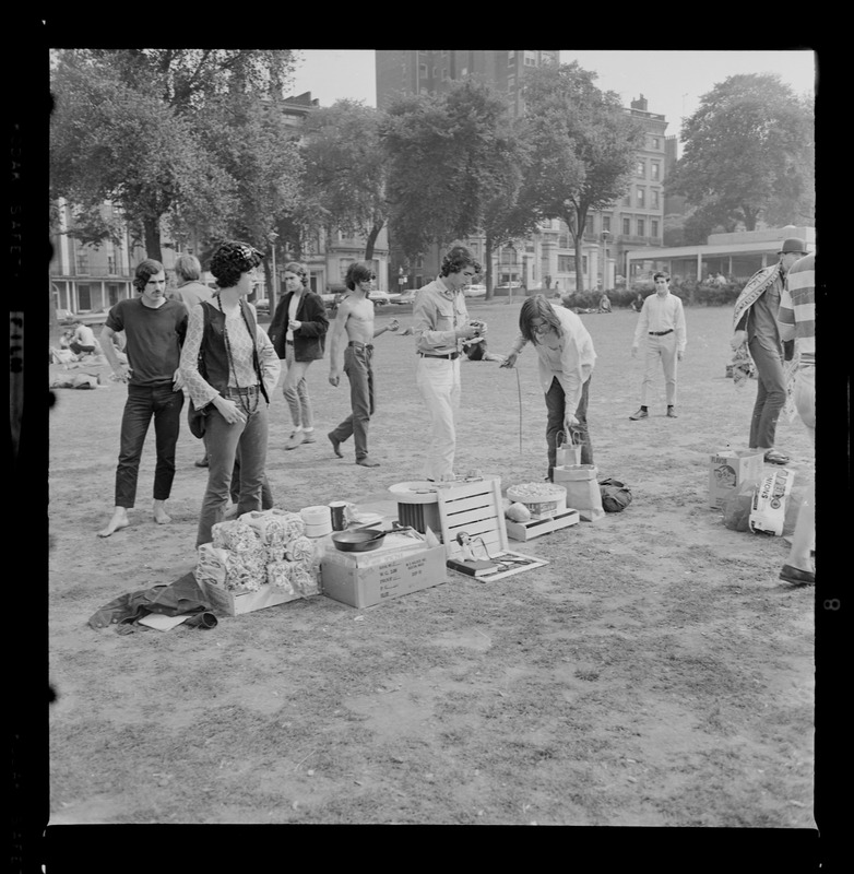 Hippies on the Boston Common with camping equipment and food