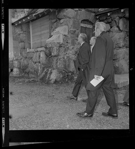 Mayor Kevin White and aides inspect vandalized field house at the Walker Playground, Mattapan