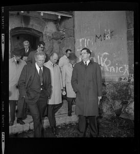 Mayor Kevin White and aides inspect vandalized field house at the Walker Playground, Mattapan