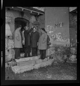 Mayor Kevin White and aides inspect vandalized field house at the Walker Playground, Mattapan