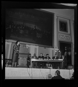 Louise Day Hicks at the podium as the panel asks questions