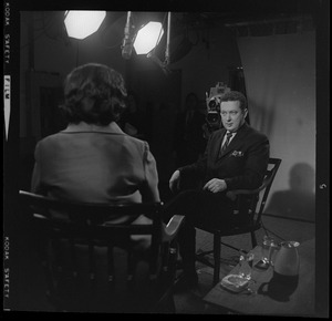 A man interviewing Louise Day Hicks on set