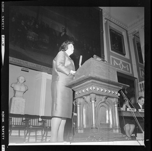 Louise Day Hicks at the podium addressing the crowd at Faneuil Hall