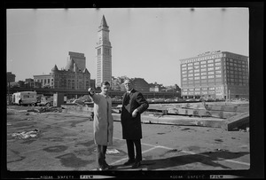 Mayor Kevin White with another man on the construction site at India Wharf