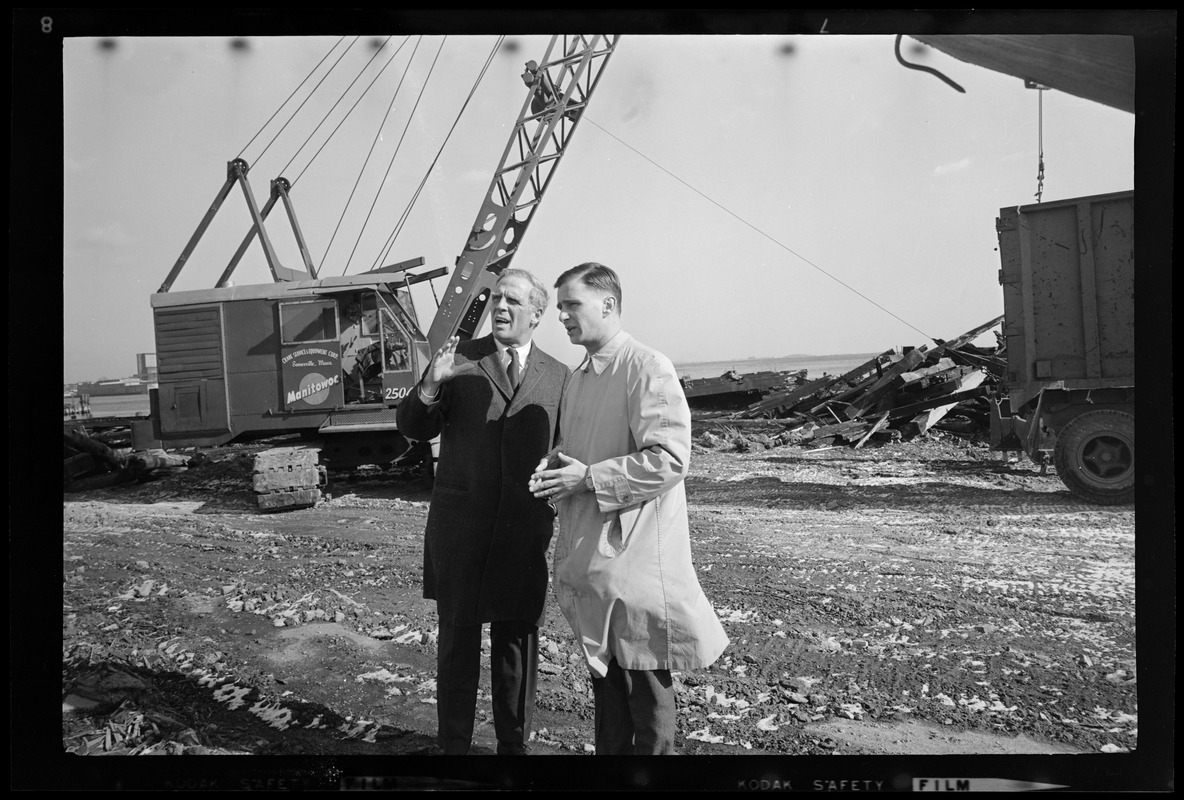 Mayor Kevin White with another man on the construction site at India Wharf