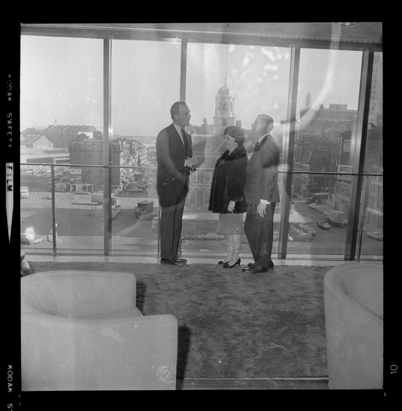 Boston's Mayor Kevin White welcomes Gov. and Mrs. John A. Volpe to new City Hall, Government Center