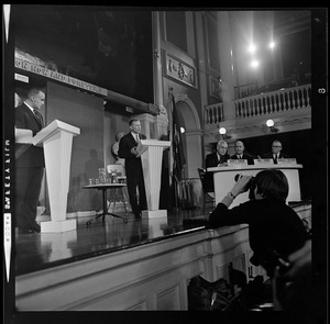 Former Gov. John A. Volpe speaking at the right podium during a debate with Lt. Gov. Francis X. Bellotti
