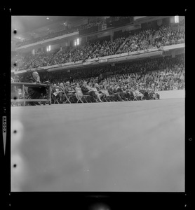 View of the crowd waiting for evangelist Dr. Billy Graham at Boston Garden