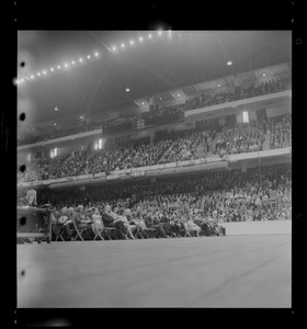 View of the crowd waiting for evangelist Dr. Billy Graham at Boston Garden