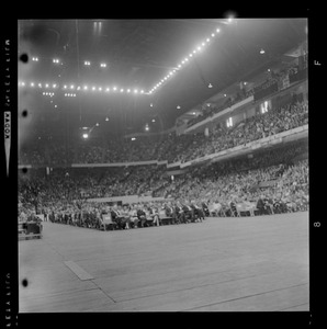 View of the crowd waiting for evangelist Dr. Billy Graham at Boston Garden