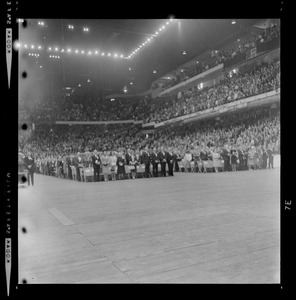 View of the crowd waiting for evangelist Dr. Billy Graham at Boston Garden