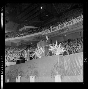 View from the floor looking up to the stage and evangelist Dr. Billy Graham