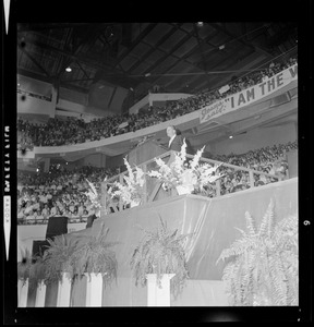 View from the floor looking up to the stage and evangelist Dr. Billy Graham