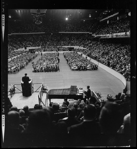 View of the crowd during evangelist Dr. Billy Graham's sermon, from the backside of the stage