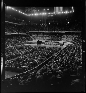 View of the crowd looking towards the stage during evangelist Dr. Billy Graham's sermon