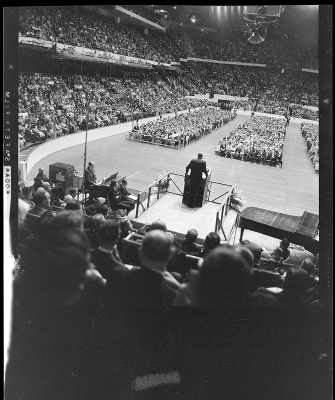 View of the crowd during evangelist Dr. Billy Graham's sermon, from the backside of the stage