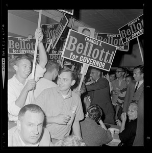Rally crowd with signs for Lt. Gov. Bellotti governor race