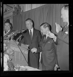 Sen. Edward Brooke and Gov. Volpe with GOP Vice Presidential Candidate Spiro Agnew after his speech