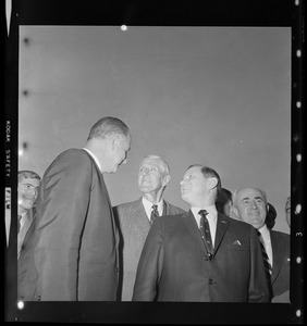 GOP Vice Presidential candidate Spiro Agnew, Leverett Saltonstall and Gov. Volpe seen at airport after Agnew's arrival