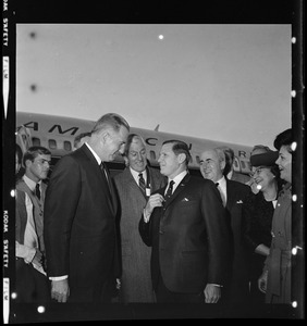 Gov. Volpe welcomes GOP Vice Presidential candidate Spiro Agnew as he lands in Boston while Leverett Saltonstall and others look on