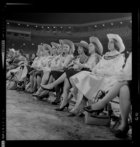 Women with cowboy hats, the "Belles for Goldwater", at Fenway Park waiting for Presidential nominee Sen. Barry Goldwater's remarks