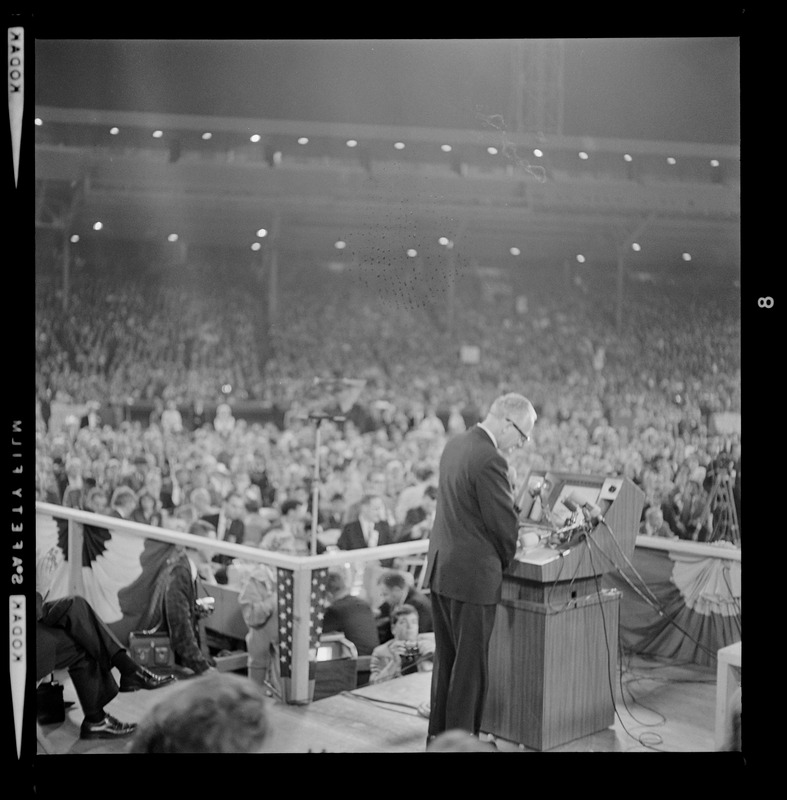 Presidential nominee Sen. Barry Goldwater speaking to the crowd at Fenway Park