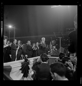 Sen. Leverett Saltonstall speaking to a crowd at a Republican rally at Fenway Park