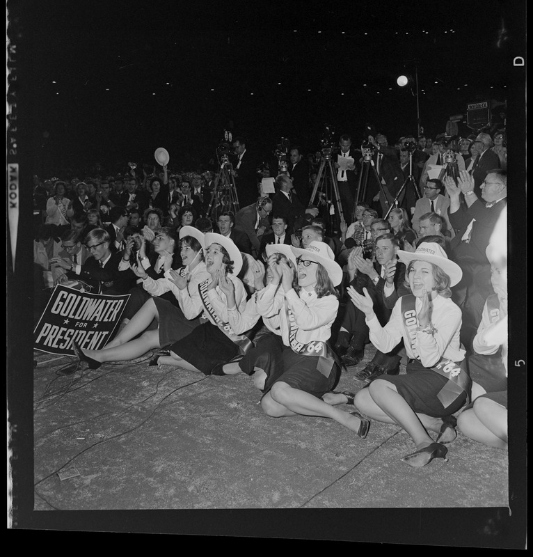 "Belles for Goldwater" women with cowboy hats on at Republican rally at Fenway Park