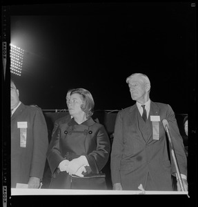 Peggy Goldwater, wife of Presidential nominee Sen. Barry Goldwater, with Senator Leverett Saltonstall at the Republican Rally in Fenway Park