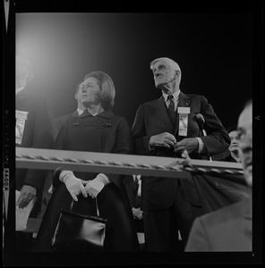 Peggy Goldwater, wife of Presidential nominee Sen. Barry Goldwater, with Senator Leverett Saltonstall at the Republican rally in Fenway Park