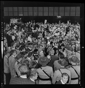 Crowds greeting and surrounding Presidential nominee Sen. Barry Goldwater upon arrival to Boston for a rally at Fenway Park