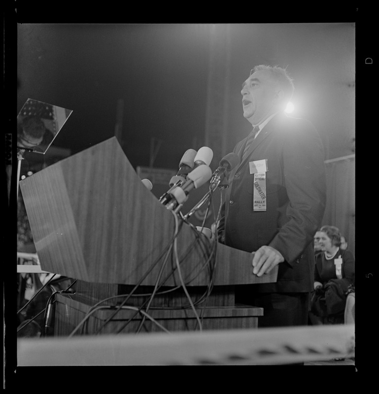 Lloyd B. Waring, N.E. Goldwater Committee Coordinator, speaking a rally at Fenway Park