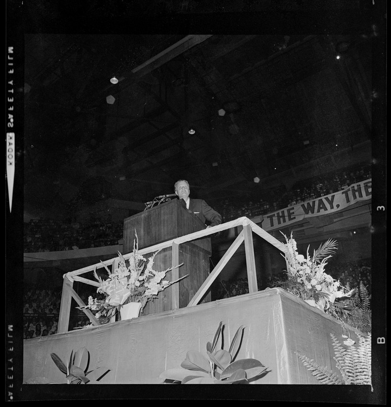 Dr. Billy Graham addresses a near capacity throng of 13,500 as he opened 10-day "Crusade for Christ" at Boston Garden last night