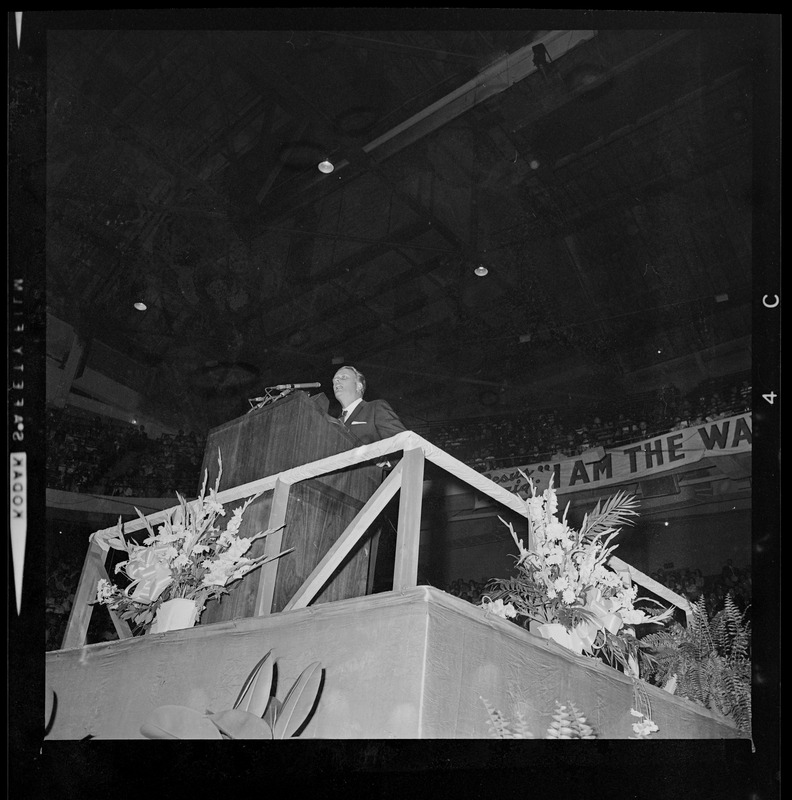 Dr. Billy Graham addresses a near capacity throng of 13,500 as he opened 10-day "Crusade for Christ" at Boston Garden last night