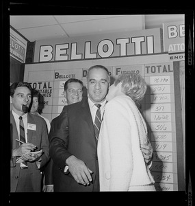 Former Lt. Gov. Francis Bellotti receives a kiss from his wife Margarita on stage after hearing his victory in the three way race for Democratic nomination for Attorney General