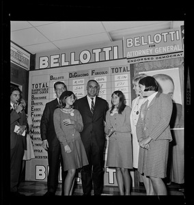 Former Lt. Gov. Francis Bellotti on stage with women after his victory in the three way race for Democratic nomination for Attorney General