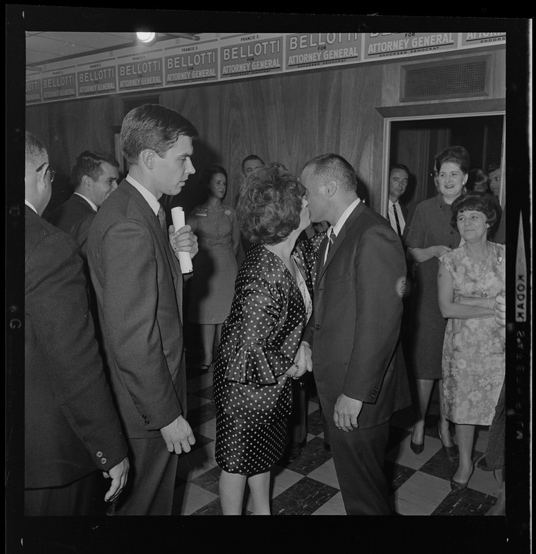 Former Lt. Gov. Francis Bellotti receives a kiss from a woman after hearing his victory in the three way race for Democratic nomination for Attorney General