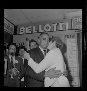 Former Lt. Gov. Francis Bellotti receives a kiss from his wife Margarita after hearing his victory in the three way race for Democratic nomination for Attorney General