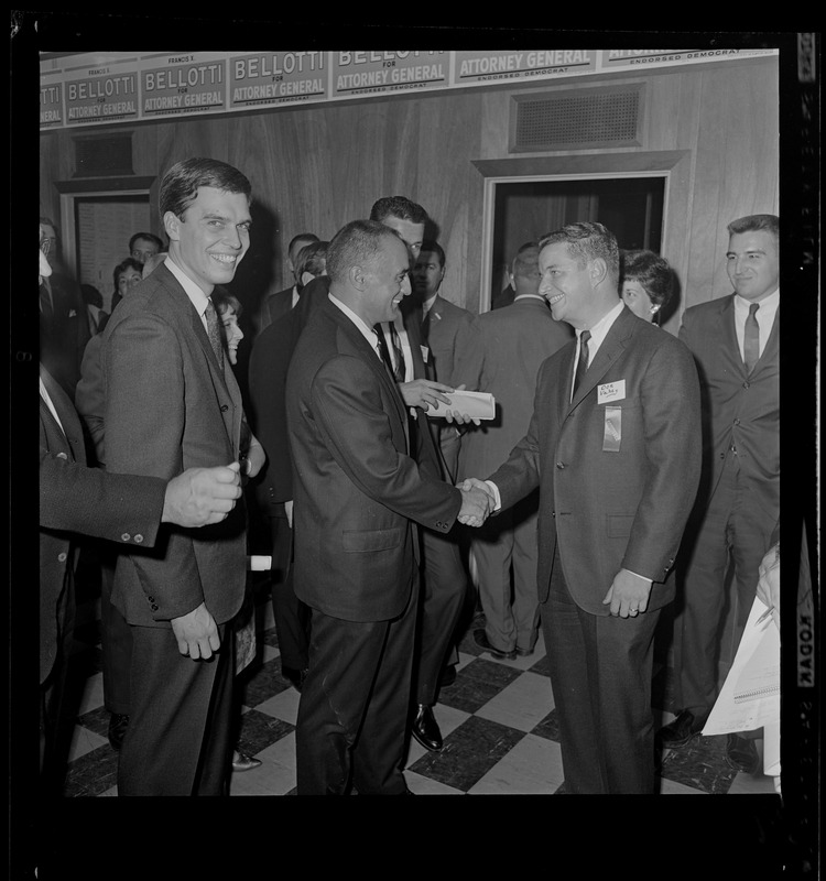 Former Lt. Gov. Francis Bellotti shakes hands with Don Vahey after his victory in the three way race for Democratic nomination for Attorney General